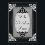 Elegant Black en Silver 18th Birthday Kaart<br><div class="desc">Persoonlijke, elegante, op maat gesneden viering van 18e verjaardagsfeestjes voor tienermeisjes. Mooie, zwarte en zilveren dubbelzijdige uitnodigingen voor een 18de- tot achttiende verjaardag voor 18 meisjes. Op de achterkant gedecorbeerd met een stijlvolle, glamoureuze zwarte kant en afbeeldingen van parelhak voor jouw tekst details. Chic, stijlvolle, stijlvolle uitnodigingen met trendy, modieuze...</div>