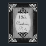 Elegant Black en Silver 18th Birthday Kaart<br><div class="desc">Persoonlijke, elegante, op maat gesneden viering van 18e verjaardagsfeestjes voor tienermeisjes. Mooie, zwarte en zilveren dubbelzijdige uitnodigingen voor een 18de- tot achttiende verjaardag voor 18 meisjes. Op de achterkant gedecorbeerd met een stijlvolle, glamoureuze zwarte kant en afbeeldingen van parelhak voor jouw tekst details. Chic, stijlvolle, stijlvolle uitnodigingen met trendy, modieuze...</div>