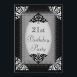 Elegant Black en Silver 21st Birthday Kaart<br><div class="desc">Uitnodigingen op de viering van de 21ste verjaardag op maat van de vrouw. Mooie, zwarte en zilveren dubbelzijdige uitnodiging voor de 21e/eenentwintigste verjaardag van de 21ste verjaardag van de vrouw. Op de achterkant gedecorbeerd met een stijlvolle, glamoureuze zwarte kant en afbeeldingen van parelhak voor jouw tekst details. Chic, stijlvolle, stijlvolle...</div>