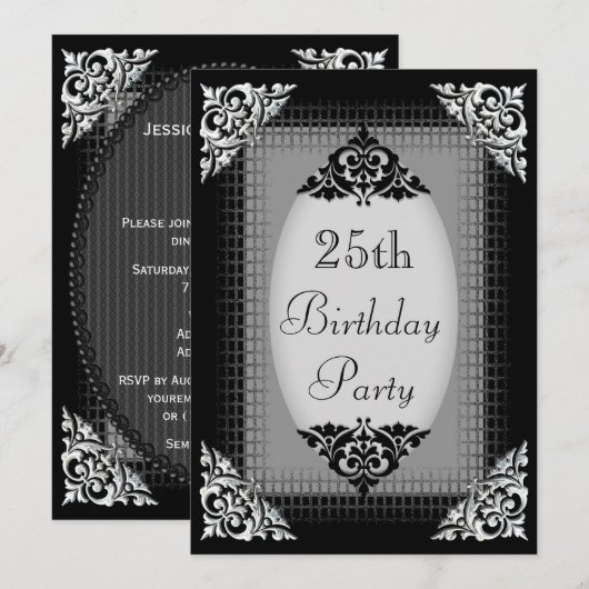 Elegant Black en Silver 25th Birthday Kaart (Voorkant / Achterkant)