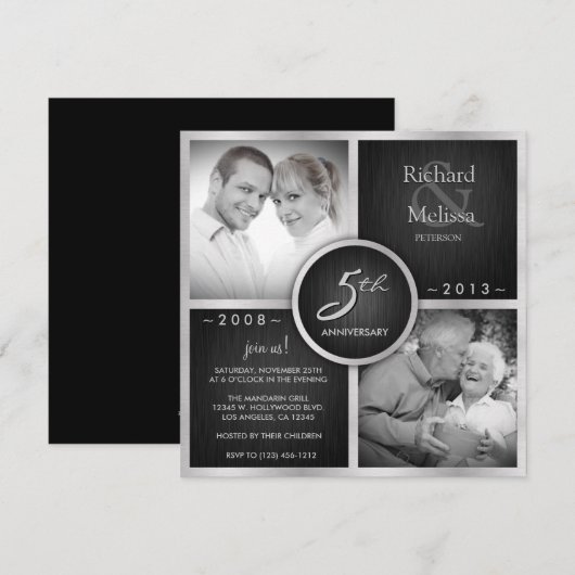 Elegant Black en Silver 5th Wedding Jubileum Kaart (Voorkant / Achterkant)