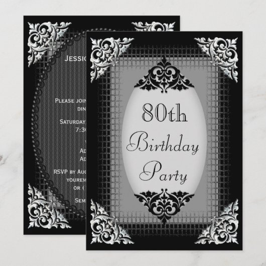 Elegant Black en Silver 80th Birthday Kaart (Voorkant / Achterkant)