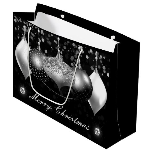 Elegant Black en Silver Baubles Merry Kerstmis Groot Cadeauzakje (Voorkant Gekanteld)