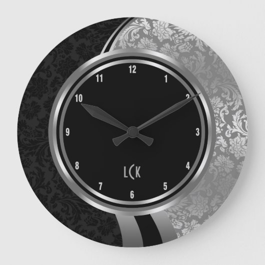 Elegant Black en Silver Damasers Silver Lijst Grote Klok (Voorkant)