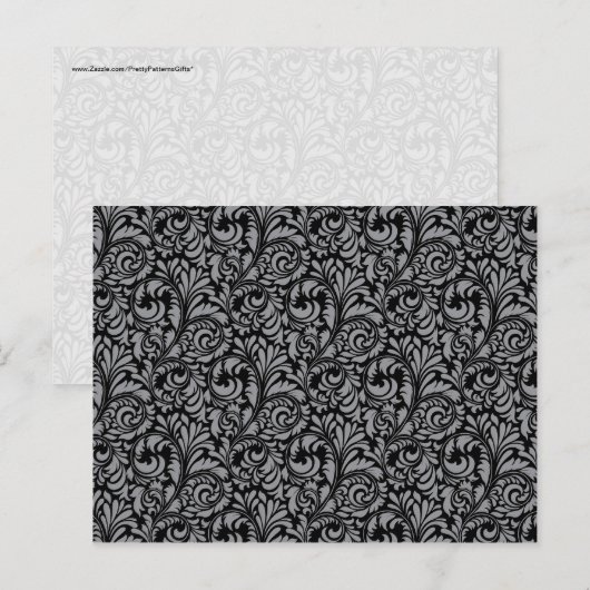 Elegant Black en Silver Damask Floral Pattern Briefkaart (Voorkant / Achterkant)