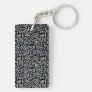 Elegant Black en Silver Damask Floral Pattern Sleutelhanger