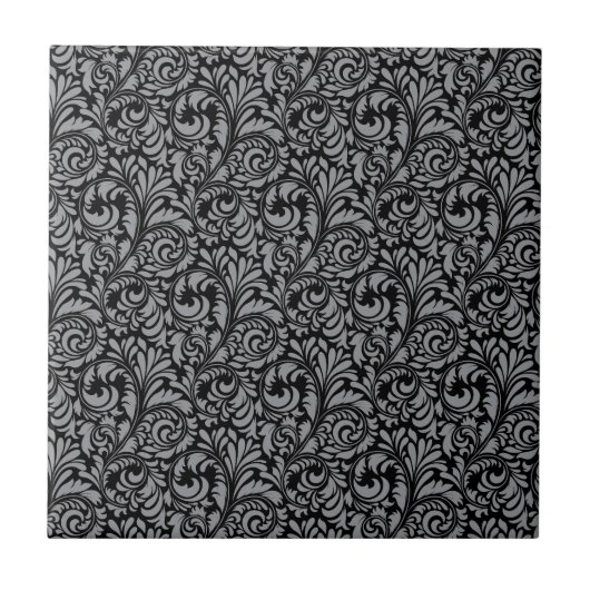 Elegant Black en Silver Damask Floral Pattern Tegeltje (Voorkant)