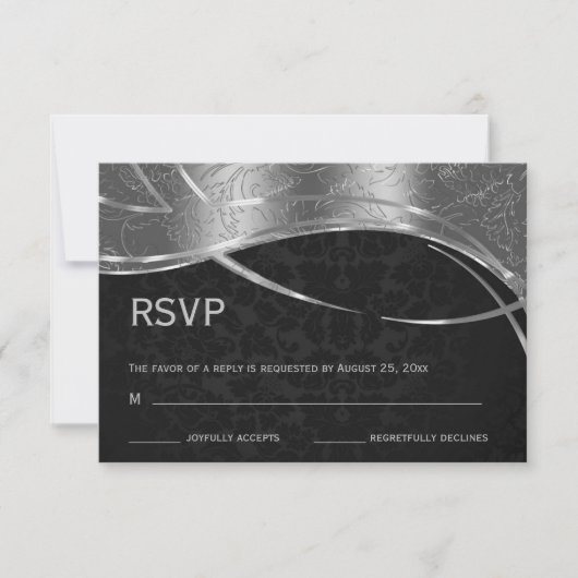 Elegant Black en Silver Damask RSVP Kaartje (Voorkant)