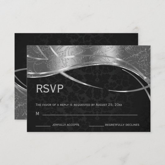 Elegant Black en Silver Damask RSVP Kaartje (Voorkant / Achterkant)