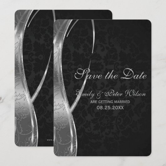 Elegant Black en Silver Damask-Save the Date Kaart (Voorkant / Achterkant)