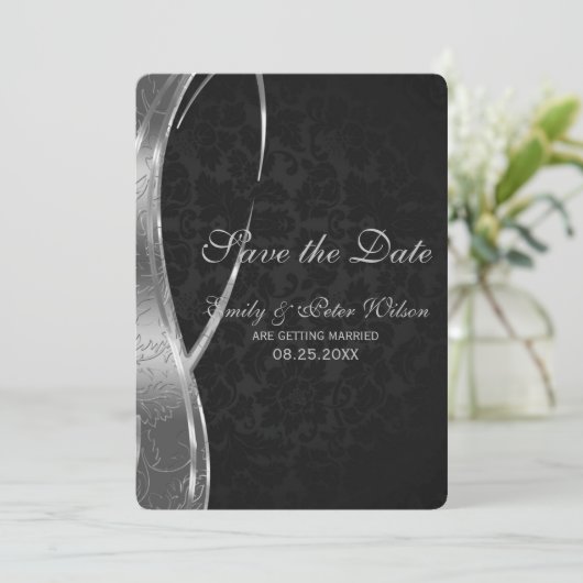 Elegant Black en Silver Damask-Save the Date Kaart (Staand voorkant)