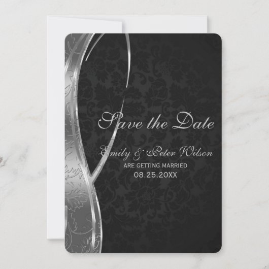 Elegant Black en Silver Damask-Save the Date Kaart (Voorkant)