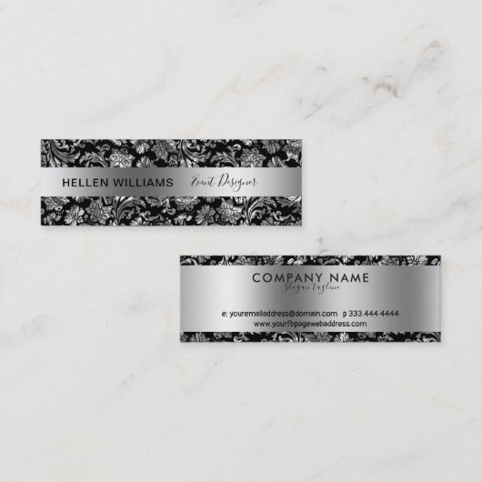 Elegant Black en Silver Damaskers Mini Visitekaartje (Voorkant / Achterkant)