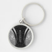 Elegant Black en Silver Floral Damaskers Sleutelhanger (Voorkant)