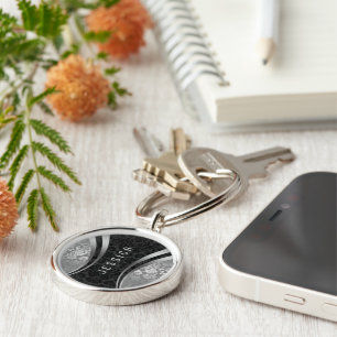 Elegant Black en Silver Floral Damaskers Sleutelhanger