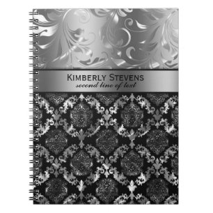 Elegant Black en Silver Floral Damaslades Lace Notitieboek