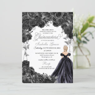 Elegant Black en Silver Floral Quinceanera Invita Kaart