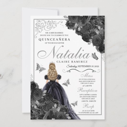 Elegant Black en Silver Floral Quinceanera Invita Kaart (Voorkant)