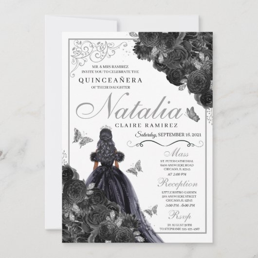 Elegant Black en Silver Floral Quinceanera Invita Kaart (Voorkant)
