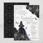 Elegant Black en Silver Floral Quinceanera Invita Kaart (Voorkant / Achterkant)