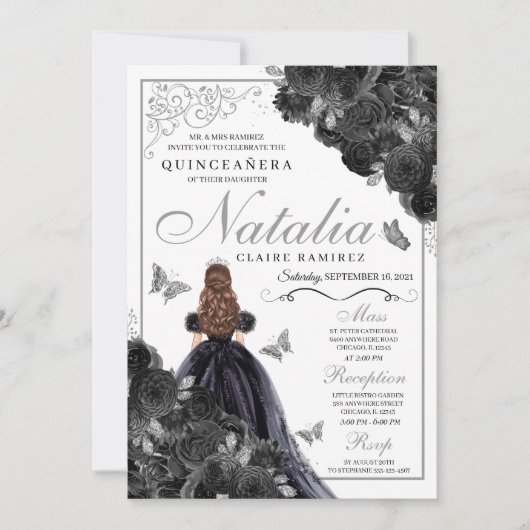 Elegant Black en Silver Floral Quinceanera Invita Kaart (Voorkant)