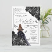Elegant Black en Silver Floral Quinceanera Invita Kaart (Staand voorkant)
