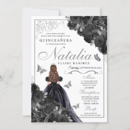 Elegant Black en Silver Floral Quinceanera Invita Kaart