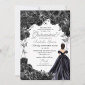 Elegant Black en Silver Floral Quinceanera Kaart (Voorkant)