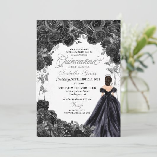 Elegant Black en Silver Floral Quinceanera Kaart (Staand voorkant)