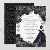 Elegant Black en Silver Floral Quinceanera Kaart (Voorkant / Achterkant)