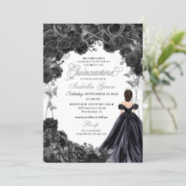 Elegant Black en Silver Floral Quinceanera Kaart