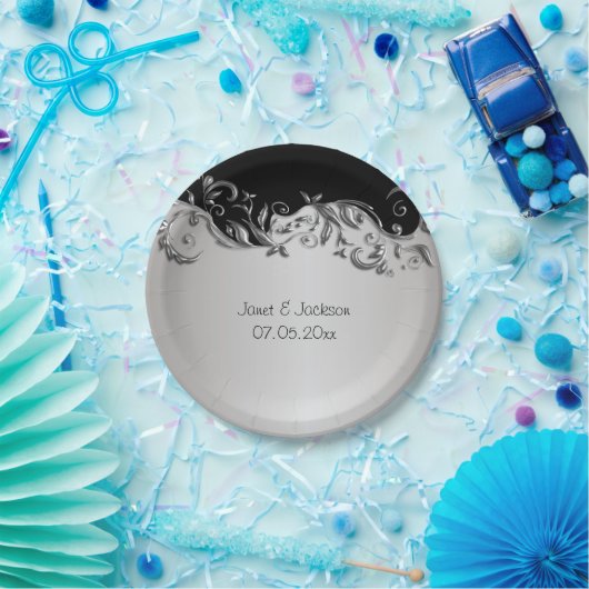 Elegant Black en Silver Floral Wedding Design Papieren Bordje (Feest)