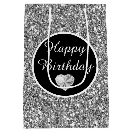 Elegant Black en Silver Glitter Birthday Medium Cadeauzakje (Achterkant)