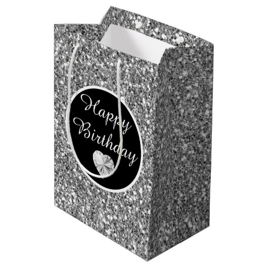 Elegant Black en Silver Glitter Birthday Medium Cadeauzakje (Achterkant Gekanteld)