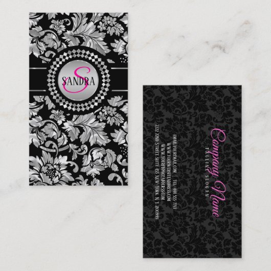 Elegant Black en Silver Grey Floral Damaskers Visitekaartje (Voorkant / Achterkant)