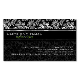 Elegant Black en Silver Grey Floral Damaskers Visitekaartje Magneet