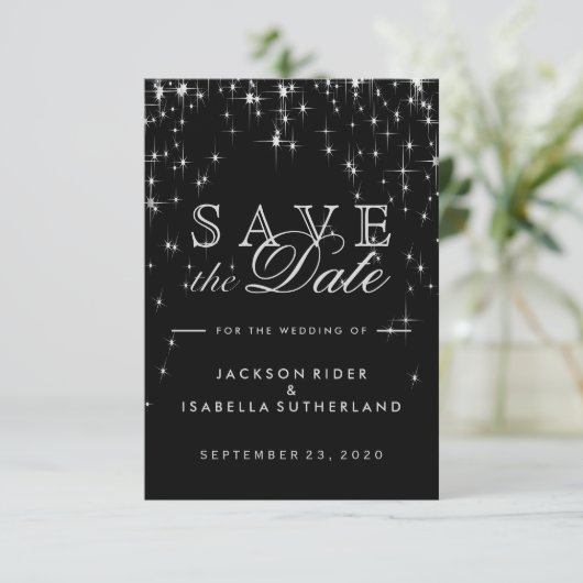 Elegant Black en Silver Starlight - Sla de datum o Save The Date (Staand voorkant)
