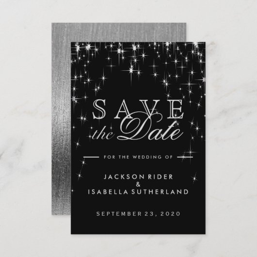 Elegant Black en Silver Starlight - Sla de datum o Save The Date (Voorkant / Achterkant)