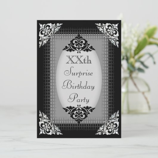 Elegant Black en Silver Surprise Birthday Kaart (Staand voorkant)