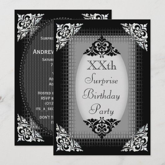 Elegant Black en Silver Surprise Birthday Kaart (Voorkant / Achterkant)