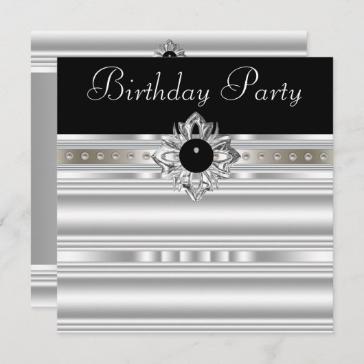 Elegant Black en Silver Womans Birthday Party Kaart (Voorkant / Achterkant)