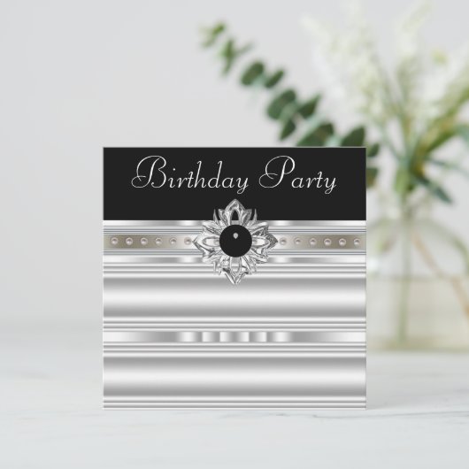 Elegant Black en Silver Womans Birthday Party Kaart (Staand voorkant)