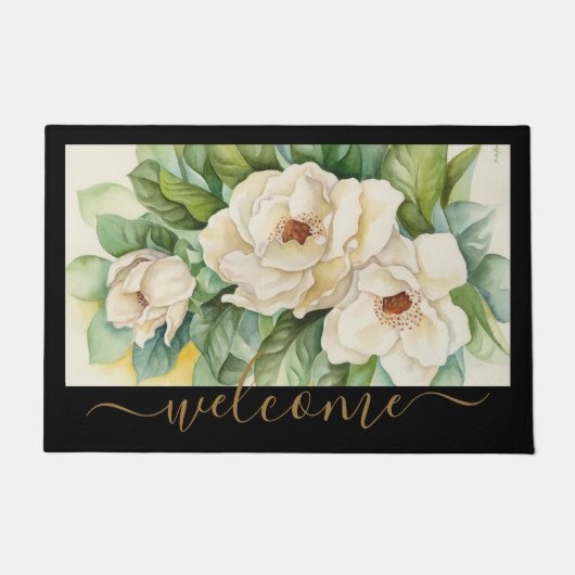 Elegant Black en Tan Magnolia Floral Welkom Deurmat (Voorkant)