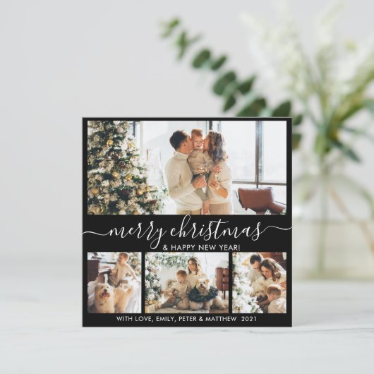 Elegant Black en White 4 Photo Collage Kerstmis Feestdagenkaart (Staand voorkant)