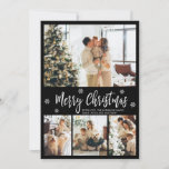 Elegant Black en White 4 Photo Collage Kerstmis Feestdagenkaart<br><div class="desc">Elegant, Modern Black en White 4 Foto Collage Merry Kerstmis Script Holiday Kaart. Deze feestelijke, magische, minimalistische sjabloon met vier fotovakantiekaarten is voorzien van een fotocollage, een sneeuwvlok en zegt prettig kerstfeest! De tekst van de groet "Kerst van de Zure" wordt geschreven in een mooie witte kleurenhand lettertype met letters...</div>