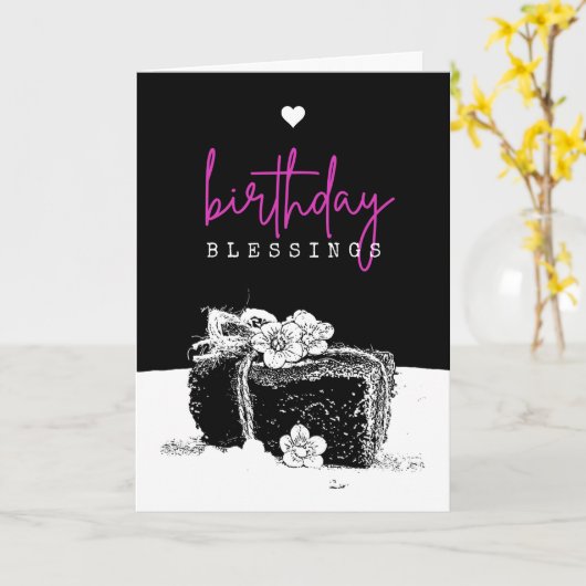 Elegant Black en White Birthday Cake Slice Kaart (Gele Bloem)