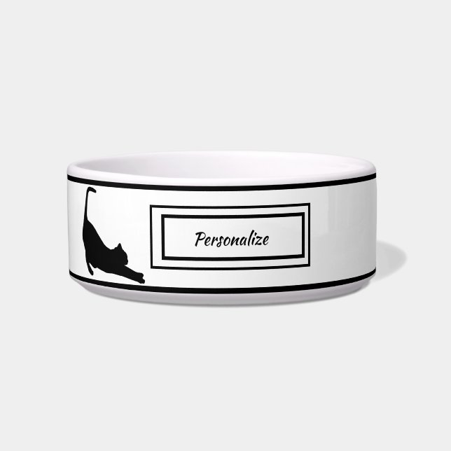 Elegant Black en White Black Cat Silhouette Cat Voerbakje (Voorkant)