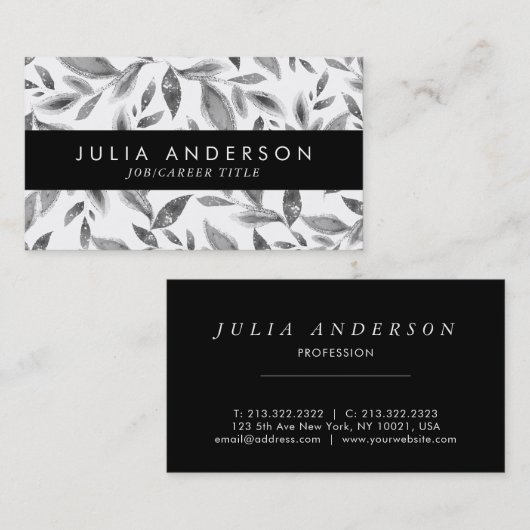 Elegant Black en White Botanical Leaves Pattern Visitekaartje (Voorkant / Achterkant)
