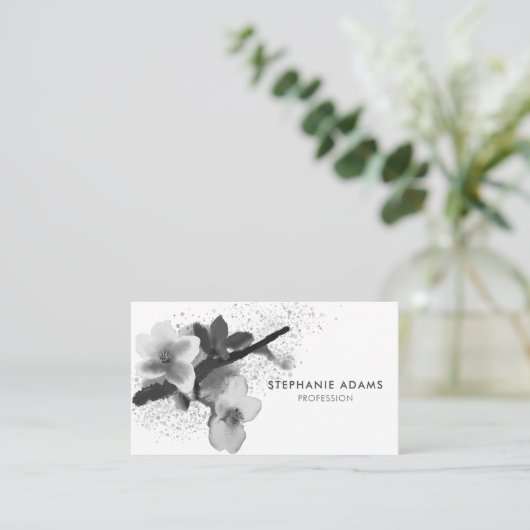 Elegant Black en White Cherry Blossom Visitekaartje (Staand voorkant)