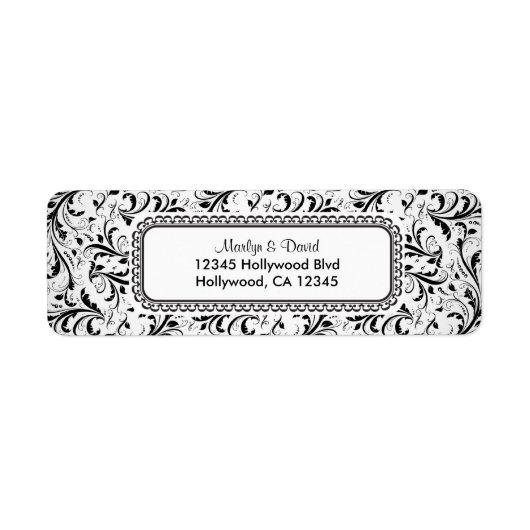 Elegant Black en White Damask Etiket (Voorkant)